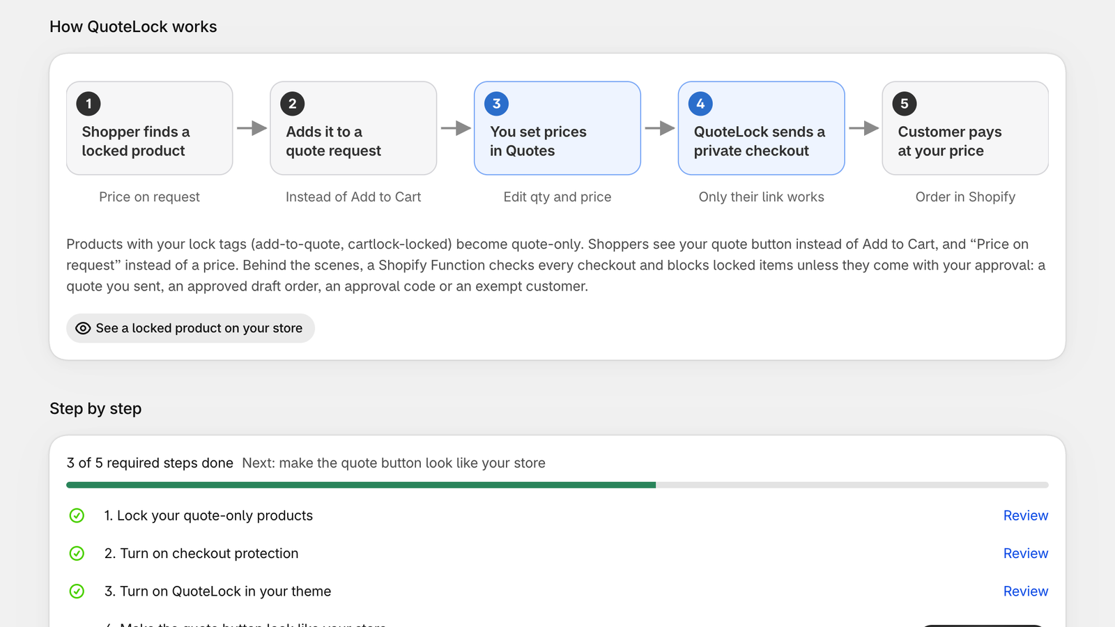 QuoteLock Guide screen in the Shopify admin
